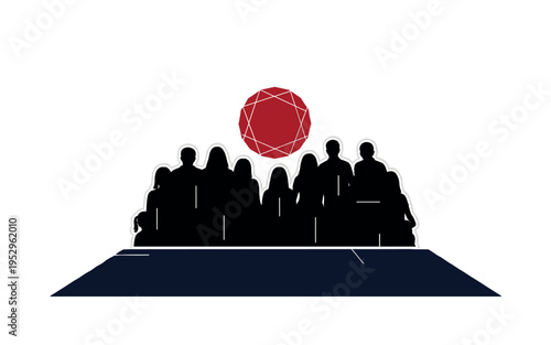 Black and white small room outlined by simple geometric walls filled with overlapping family silhouettes, oversized red geometric circle centered above them