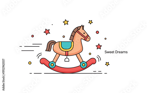 Rocking horse childhood nostalgia captured through a charming wooden toy gently swaying with small stars and motion lines suggesting playful movement. A warm