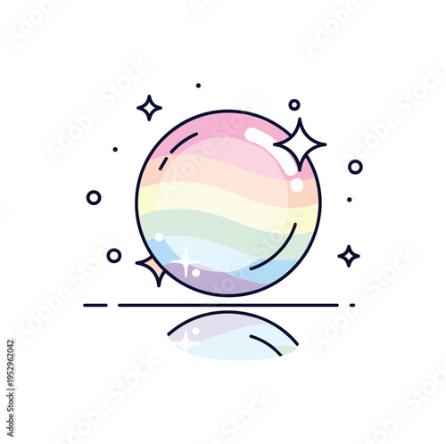 Soap bubble rainbow reflection featuring a single floating bubble with subtle iridescent color bands and gentle shine accents, expressing fragility and playful