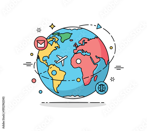 Globe colorful world sphere with simplified continents and a small orbiting airplane icon, expressing global connection, travel and international