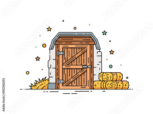 Barn door rustic countryside scene centered on a classic wooden barn door with metal hinges and subtle hay bale accents, expressing rural charm and