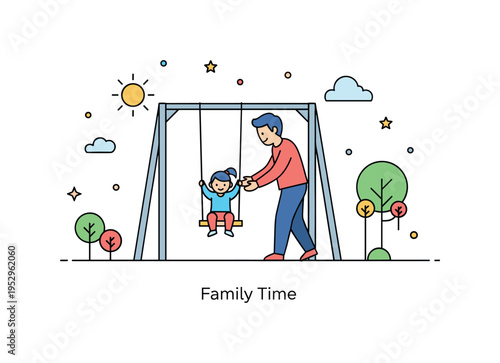 Children and parents playful park moment with a parent gently pushing a child on a simple swing set, small sun and tree icons adding warmth and carefree