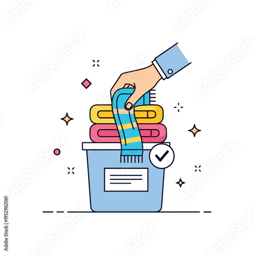 Accessory decluttering process illustrated by a hand placing a folded scarf into a labeled bin with a small check mark accent. The composition reflects mindful