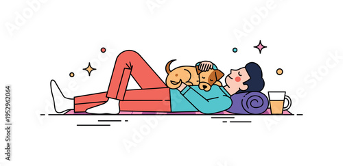 Weekend relaxation with pet showing a person lying on a soft rug with a small dog resting against them and minimal sparkle accents, expressing comfort and