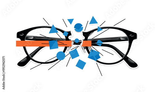Black and white broken retro glasses split cleanly in two halves, bold orange horizontal bar aligning both pieces like symbolic connection, blue geometric