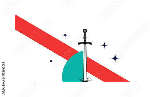 Black and white sword planted into the ground, vivid teal half circle supporting the base, bright red diagonal stripe crossing behind to suggest epic conflict,