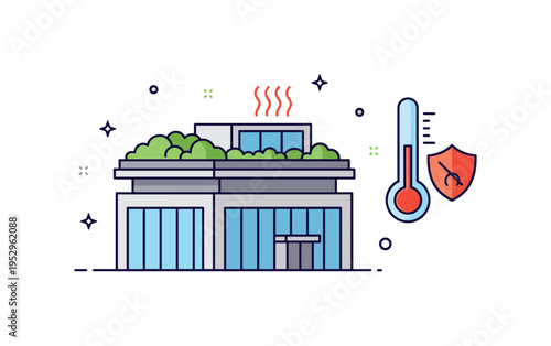 Urban cooling infrastructure illustration featuring a building roof covered in greenery paired with a small thermometer icon showing reduced temperature,