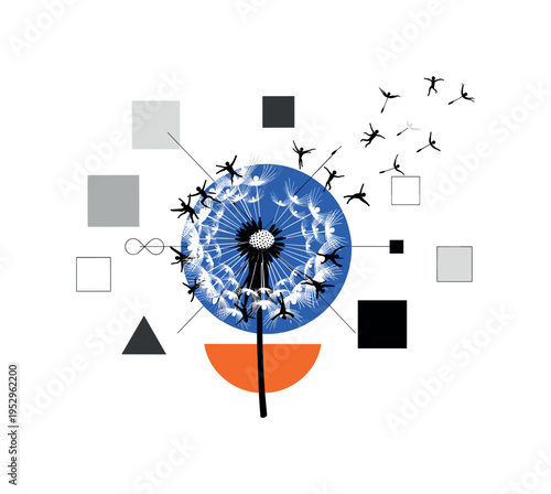 Black and white dandelion dispersing seeds shaped like tiny human figures, vibrant blue circle behind flower, orange semicircle at base, geometric blocks