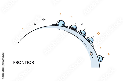 Frontier colony at the outer rim shown as small dome structures near the curved edge of a planet representing expansion and survival. Subtle star dots and