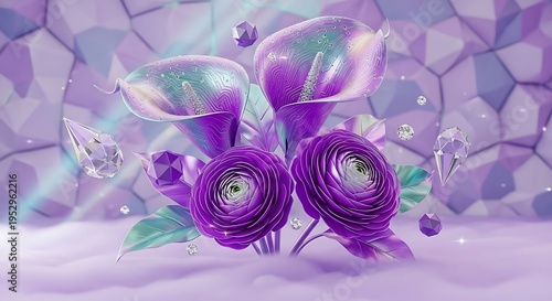 3D render of purple calla lilies and ranunculus flowers with diamonds and geometric crystals