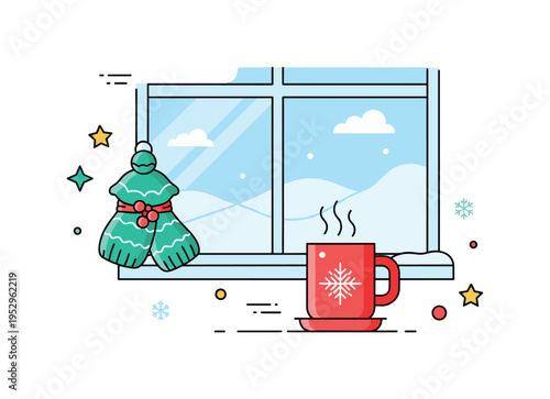 Cozy holiday retreat steaming mug placed near a frosted window with distant snowy hills, symbolizing relaxation, comfort and mindful winter downtime.