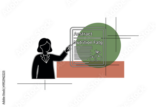 Black and white teacher figure pointing to abstract nutrition chart board, oversized green circular accent highlighting chart, muted terracotta horizontal