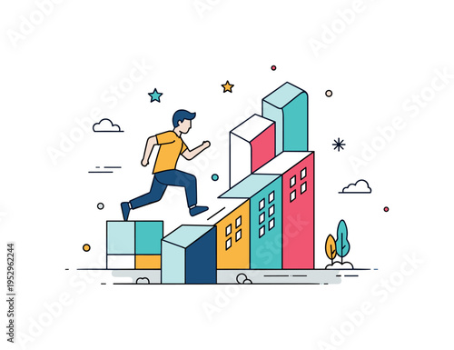 Parkour city exploration concept illustrating a running figure moving past minimal geometric building blocks arranged diagonally. The composition symbolizes