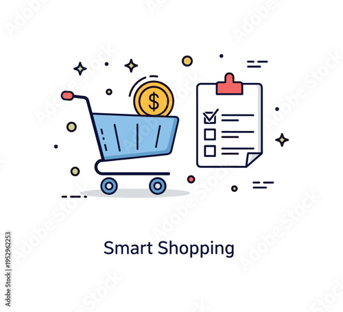 Shopping trolley budget planning idea featuring a minimal cart icon paired with a small checklist and coin symbol, representing thoughtful spending and