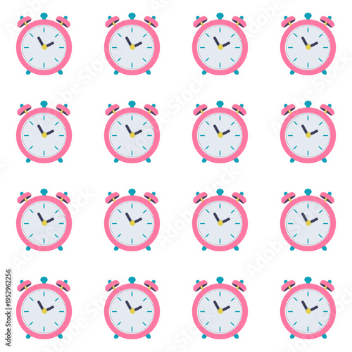 Multiple pink alarm clocks arranged in a pattern on a transparent background