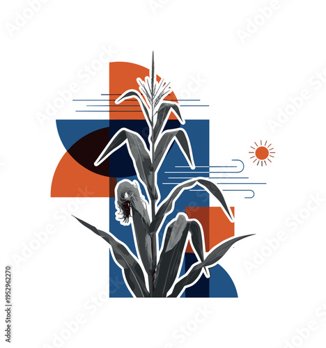 Black and white realistic corn stalks rising vertically as the main object, retro photographic texture with detailed leaves, white cut-out outline around the