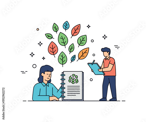 Plant ecologist analyzing species diversity illustrated with a cluster of varied leaf shapes and a notebook icon, conveying classification and ecosystem