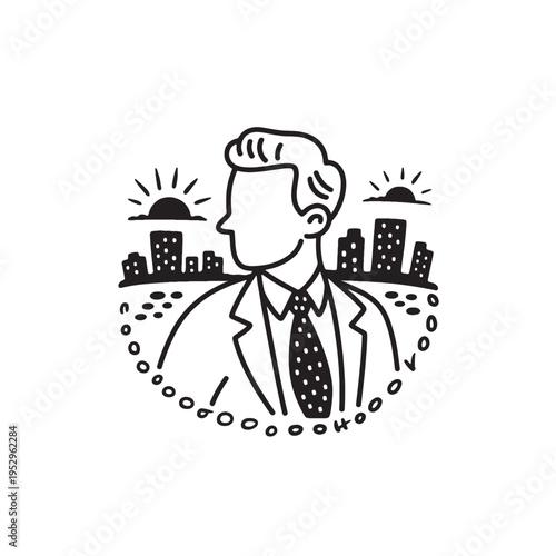 A minimalist black and white line art illustration of a professional man in a city landscape Vector