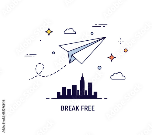 Paper plane freedom and escape theme depicted by a paper airplane flying above a small city skyline silhouette, symbolizing ambition and desire for new