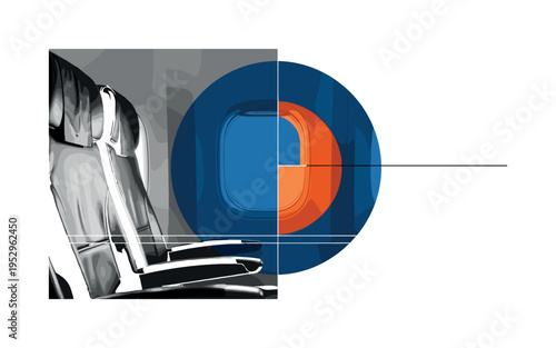monochrome airplane cabin interior focused on empty window seat, large deep blue geometric circle behind window and orange half-circle intersecting seat edge,