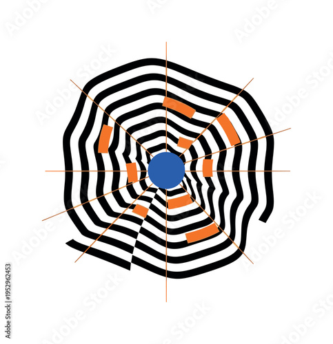 Black and white abstract ripple pattern spreading outward from central point, bold blue circle anchoring the origin, orange rectangular accents marking wave