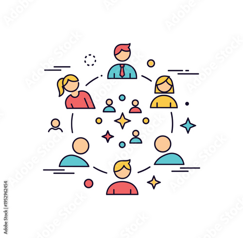 Office icebreaker game scene centered on a small circle of figures with playful star accents, expressing engagement, connection, and positive team energy. A