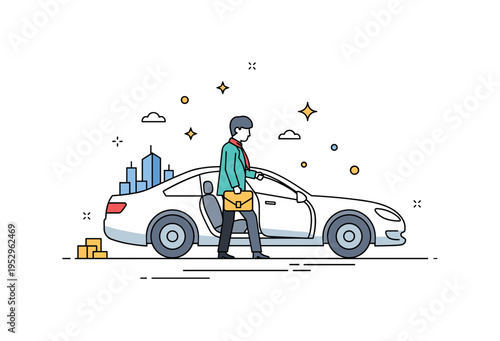 Wealthy lifestyle elegant figure stepping out of a sleek car with subtle sparkle accents and a small skyline in the background, expressing affluence,