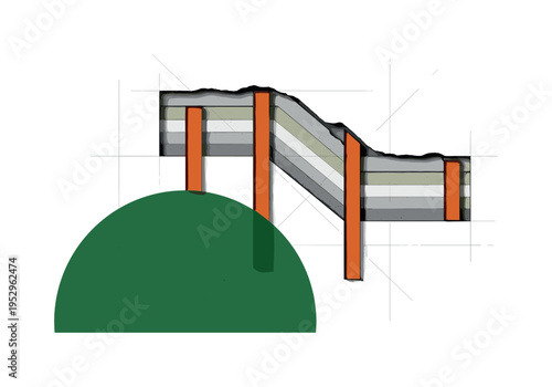 Black and white wall section cutaway revealing layered hempcrete insulation, oversized deep green semicircle anchoring composition, burnt orange geometric bars