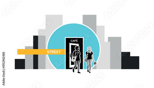 Black and white friends walking toward a cafe entrance carrying tote bags and flowers, bold turquoise circular halo behind the doorway, golden yellow