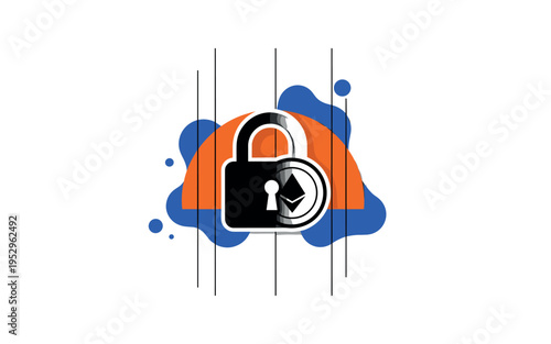 Black and white padlock merging with a cryptocurrency coin symbol, bold burnt orange semicircle behind the merged icon representing secure access, thin black