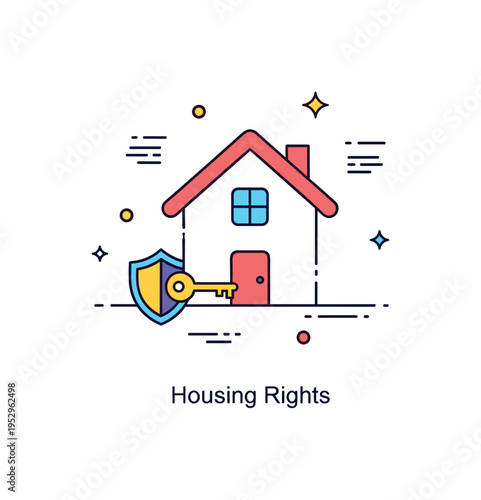 Right to housing tenant protection theme illustrated by a house icon combined with a small shield and key symbol, expressing security and legal safeguards. A