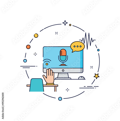 Voice recognition technology in workplace shown through a computer screen with microphone icon and speech wave accents, symbolizing hands free