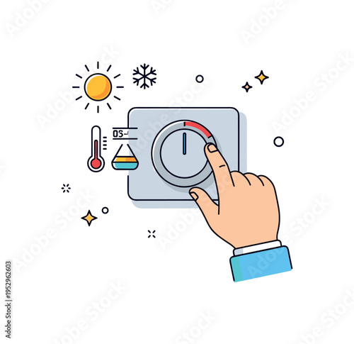 Checking the thermostat at home with a hand gently adjusting a round wall dial while a small sun and snowflake icon indicate temperature balance, expressing