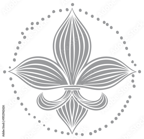 Elegant Grey Fleur de Lis Design with Dotted Border and Stylized Petals