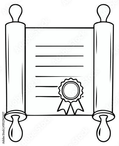 Black and white outline of a historical parchment scroll with an award seal for a certificate or diploma