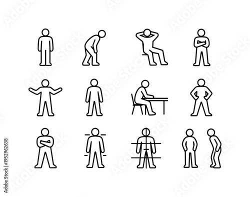 Posture and Stance. Line icon set of Posture and Stance: upright stance, leaning forward interest, leaning back resistance, closed posture, open posture,
