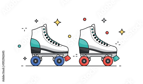 Vintage roller skates spotlight concept illustrated through classic quad skates with bright wheels and tiny sparkle accents, symbolizing style, motion, and
