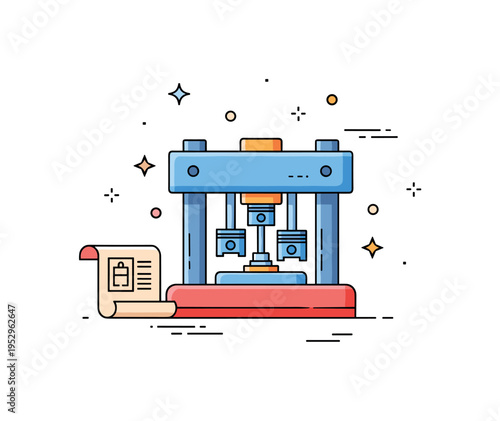 Mechanical engineering 3D concept featuring a compact production press with visible inner pistons and a small blueprint scroll icon nearby. The scene conveys