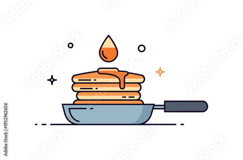 Breakfast preparation concept featuring a frying pan with pancakes stacked neatly inside, topped by a small syrup drop icon to convey comfort food and morning