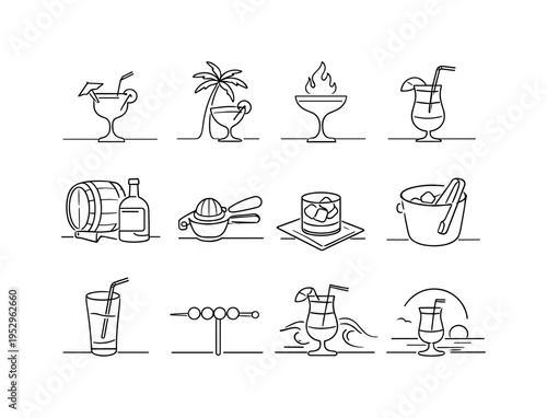Island Style Rum Beverages. Minimalistic set one-line drawing beach cocktail glass, palm tree behind drink, flaming rum cocktail, layered tropical drink,