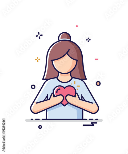 Maternal care symbol simplified mother silhouette cradling a glowing heart near her chest, representing deep affection and selfless devotion. Minimalist flat