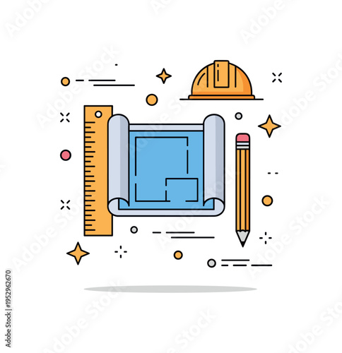 Construction and remodeling planning scene centered on a blueprint icon paired with a ruler and pencil, symbolizing preparation, design accuracy, and