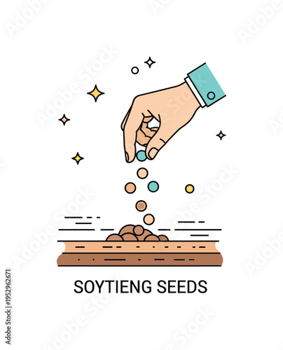 Sowing seeds in fertile soil featuring a hand gently scattering small round seeds over a simple garden bed with subtle soil texture lines, expressing renewal