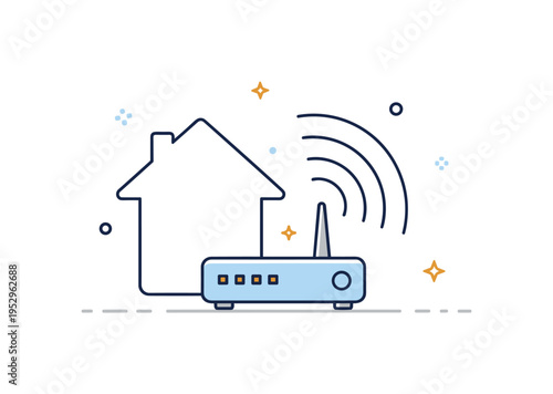 Home internet hub featuring a compact router with a small house outline behind it and soft signal lines expanding outward, expressing connectivity, smart