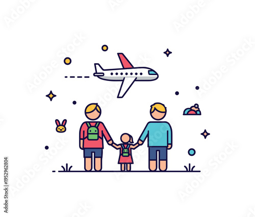 Family vacation journey illustrated with a small airplane above three simplified figures holding hands, expressing togetherness and shared experiences abroad.
