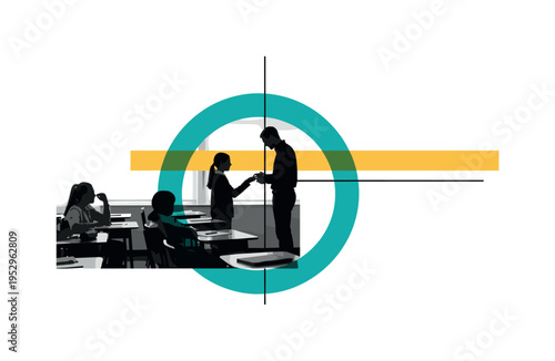 black and white classroom scene with teacher and student silhouettes, bold teal circular halo framing interaction and mustard yellow rectangular bar crossing