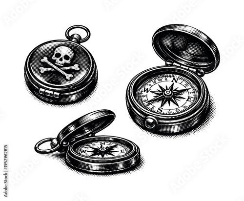 Pirate Compass ? brass pocket compass. A classic brass pirate pocket compass with hinged lid and engraved cardinal markings depicted as one isolated object