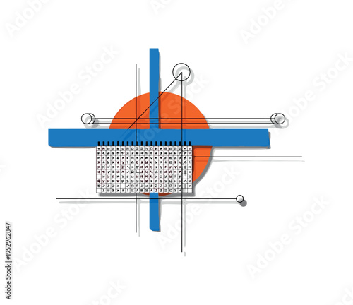 Black and white retro knitting pattern chart transformed into abstract grid artwork, bright orange circle behind the chart and blue horizontal bar structuring