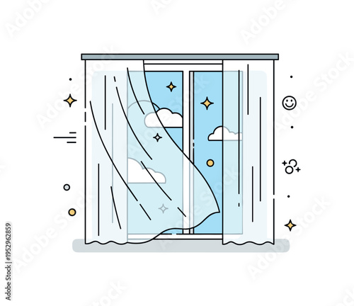 Window light and sheer curtains gently moving in a soft breeze conveying comfort, tranquility, and a healthy home atmosphere. The main focus on glowing light