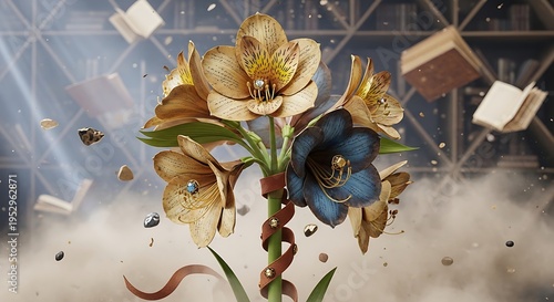 3D render of blooming flowers with floating books and debris in a mystical library setting